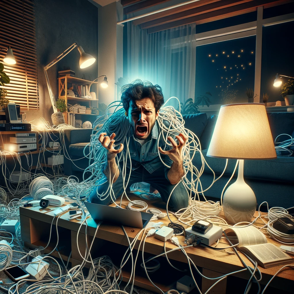 A-man-appears-completely-overwhelmed-and-desperate-as-he-tries-to-connect-his-new-lamp-to-WiFi-surrounded-by-a-chaotic-tangle-of-thousands-of-cables.